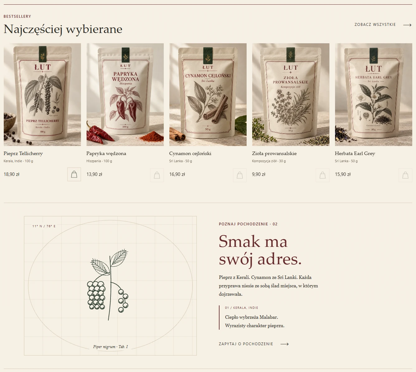 ŁUT product page with spice origins and flavour profiles